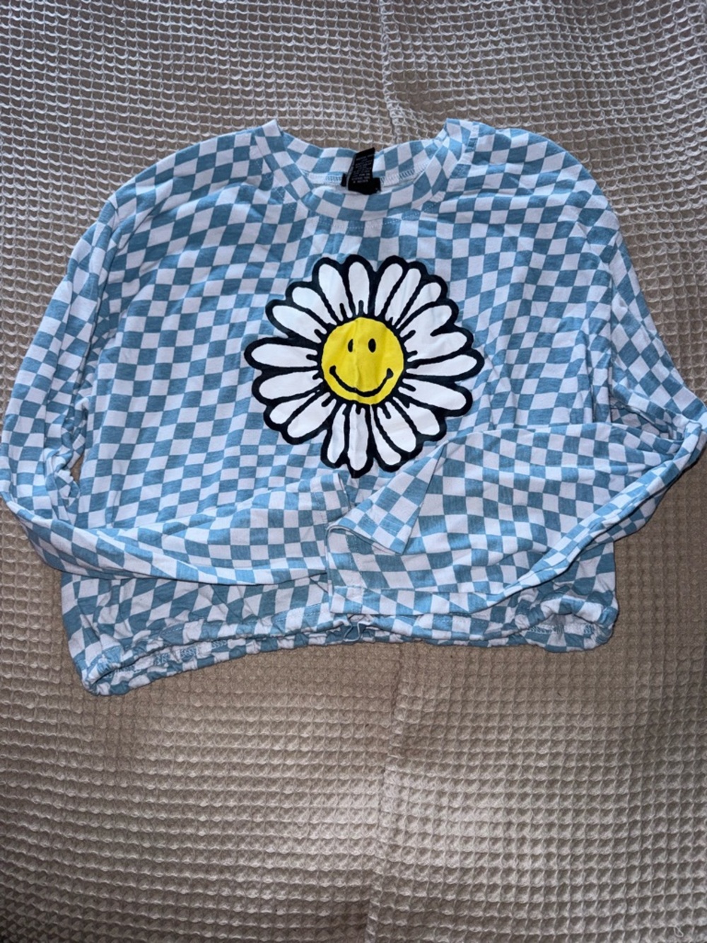 Rue21 Blue & White Checkered Sweatshirt with Smiley Daisy